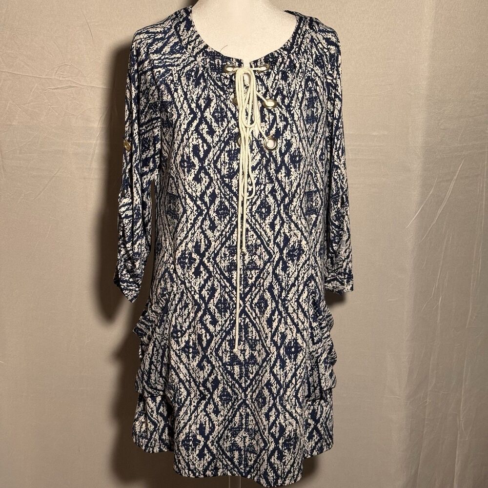 Saint Tropez West Swim Cover Up Small Blue White Lace Up Beach Tunic Resort